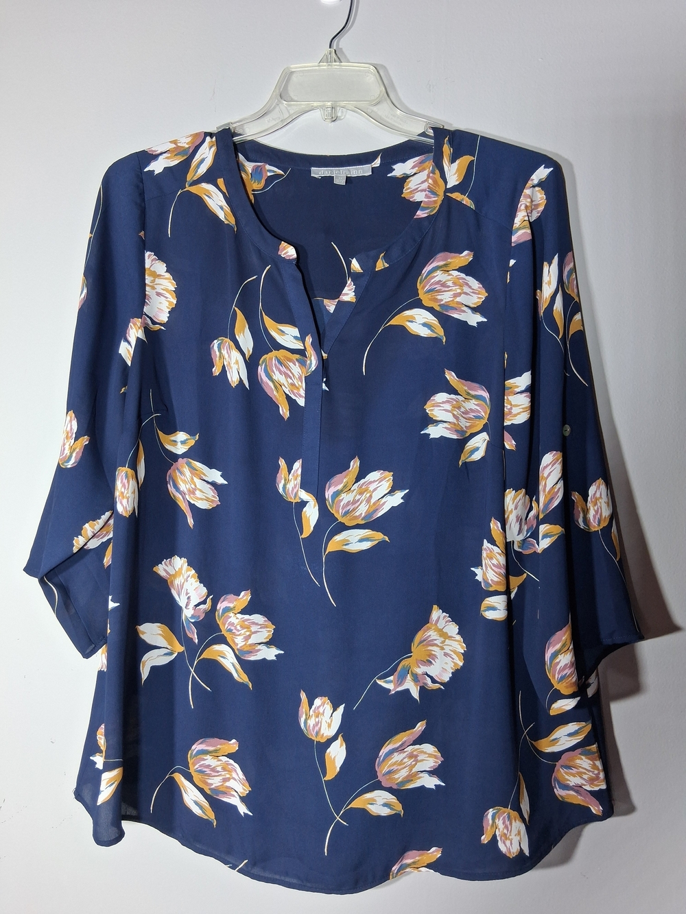 Daniel Rainn Navy V-Neck Blouse with Floral Accents - 2X